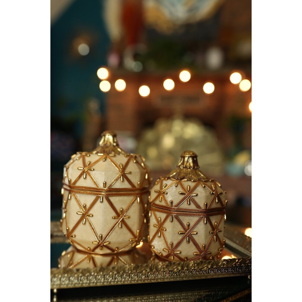 VTG Set Ornamental Velvet Gold Beaded Satin Lined Dresser Trinket Keepsake Boxes